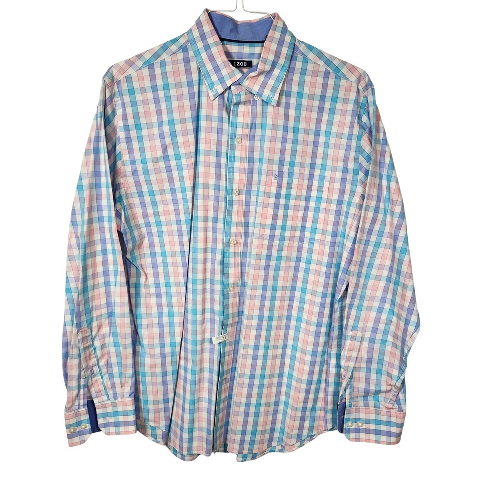 IZOD Mens Long Sleeve Button Down Shirt Plaid Blue Pink White Casual Size L - Picture 2 of 8